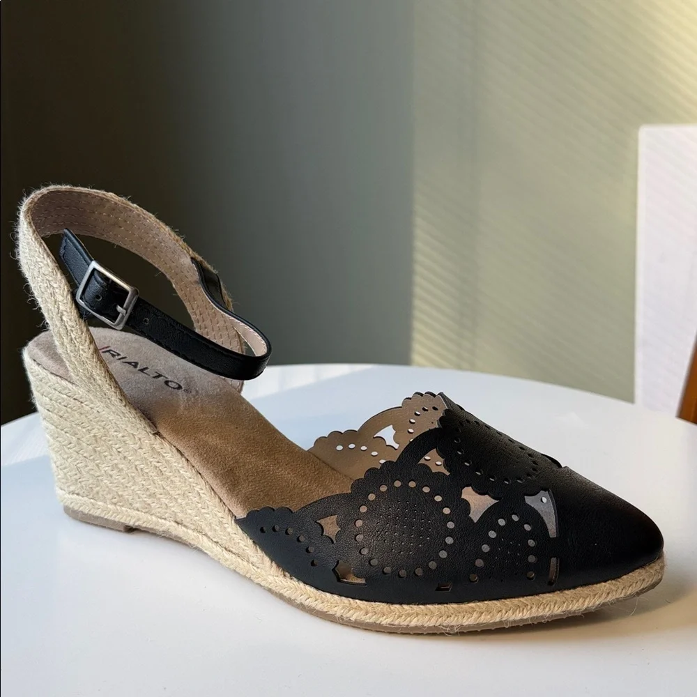 Rialto Espadrille Wedge Sandals floral laser cut adjustable ankle strap Like New
